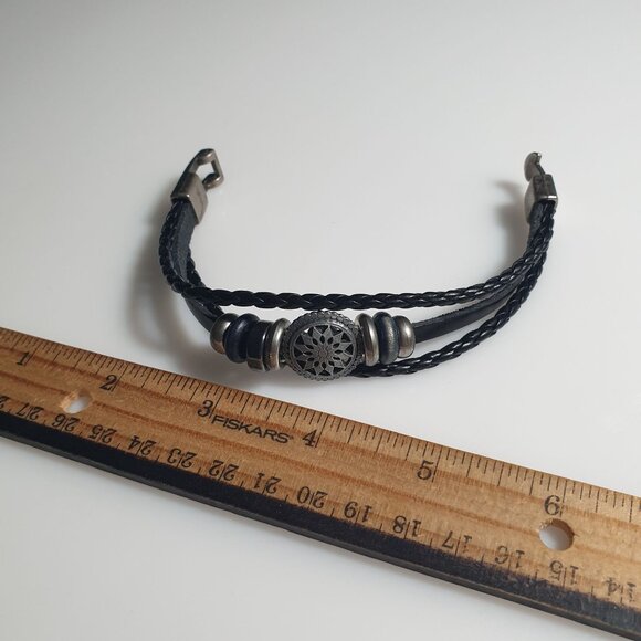 Braided Black Leather Bracelet Silver Wheel Charm Clasp Adjustable Jewelry Men - Picture 5 of 5